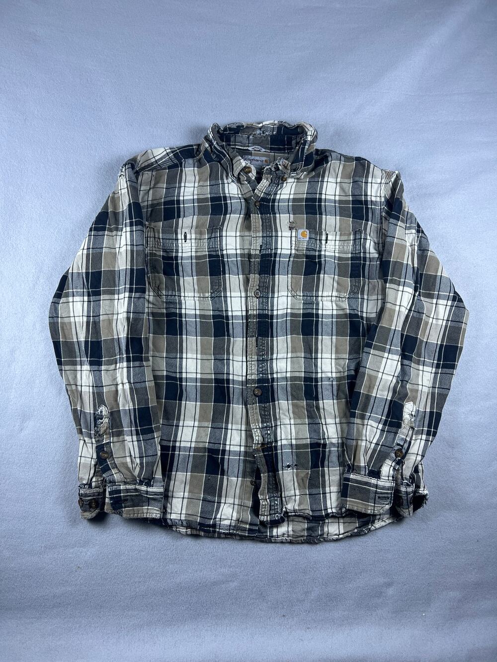 Carhartt Shirt Mens XL Black Beige Relaxed Flannel Plaid Distressed Workwear